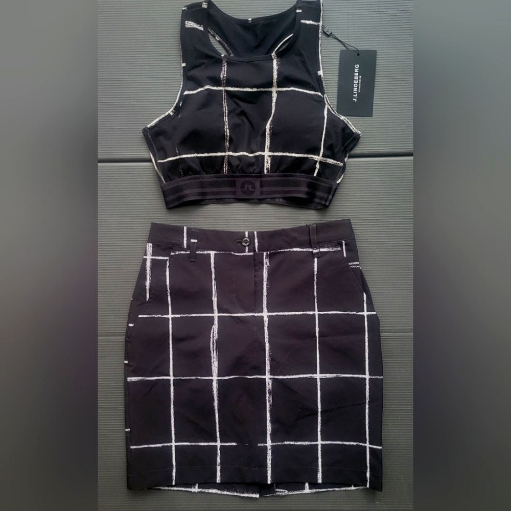 J. Lindberg B&W Window Pane Cropped Top and Skirt Set